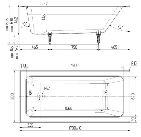 Ванна чугунная (170х80) Delice Parallel DLR220502 без ножек и антискользящего покрытия